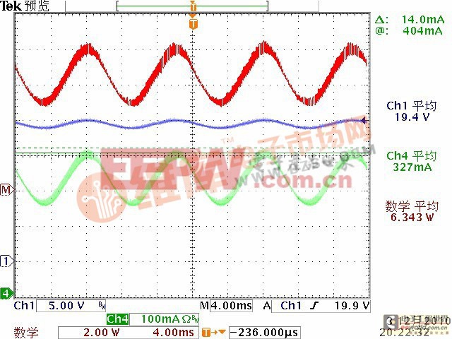 輸出回收電解電容（470uFX2）時(shí)的電流、電壓波形